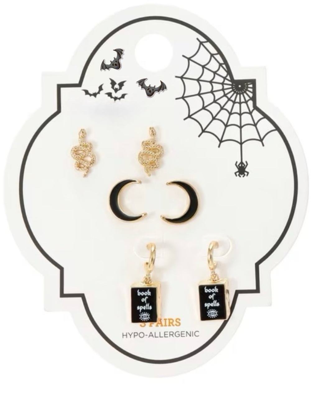 Snake Moon Book of Spells Halloween Earrings 3 Pair Set NWT Gold & Black